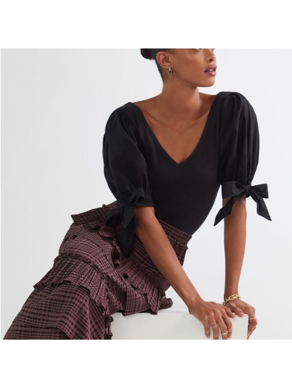 Maeve Black V-Neck Puff Sleeve Top with Tie Details on Sleeve Women’s XL